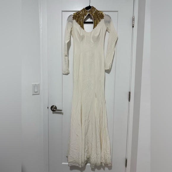 Jovani Ivory Long Sleeve Gown with Gold Beaded Collar - Picture 1 of 11